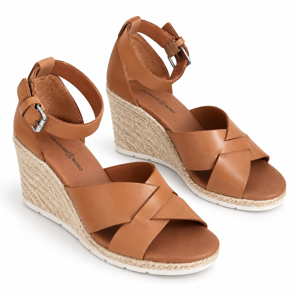 Treasure & Bond Leather Espadrille Wedge Sandals Cognac Brown Size 8